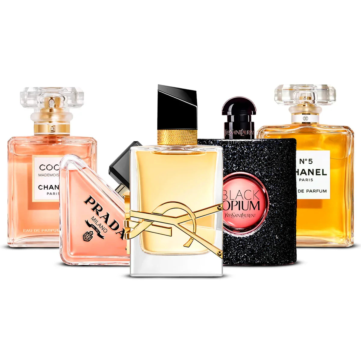 Combo de 5 perfumes | Coco Mademoiselle + Paradoxe + Libre + Black Opium + Chanel N°5
