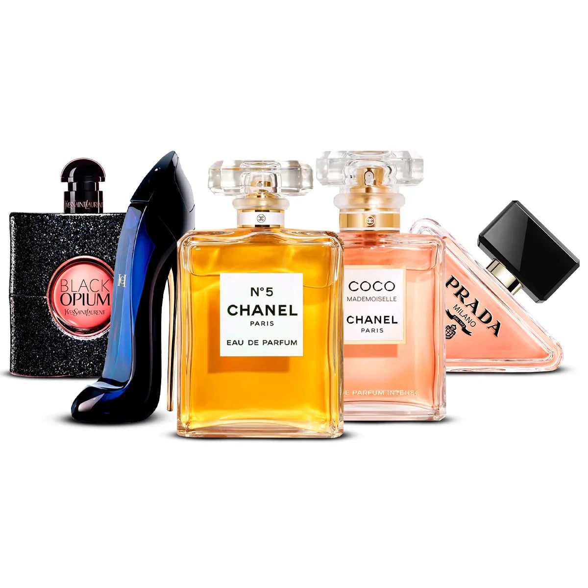 Combo de 5 perfumes | Black Opium + Good Girl + Chanel N°5 + Coco Mademoiselle + Paradoxe