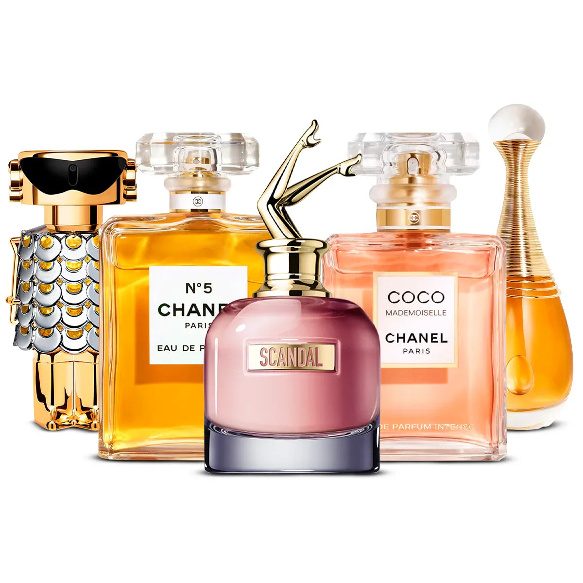 Combo de 5 perfumes | Fame + Chanel N°5 + Scandal + Coco Mademoiselle + J'adore