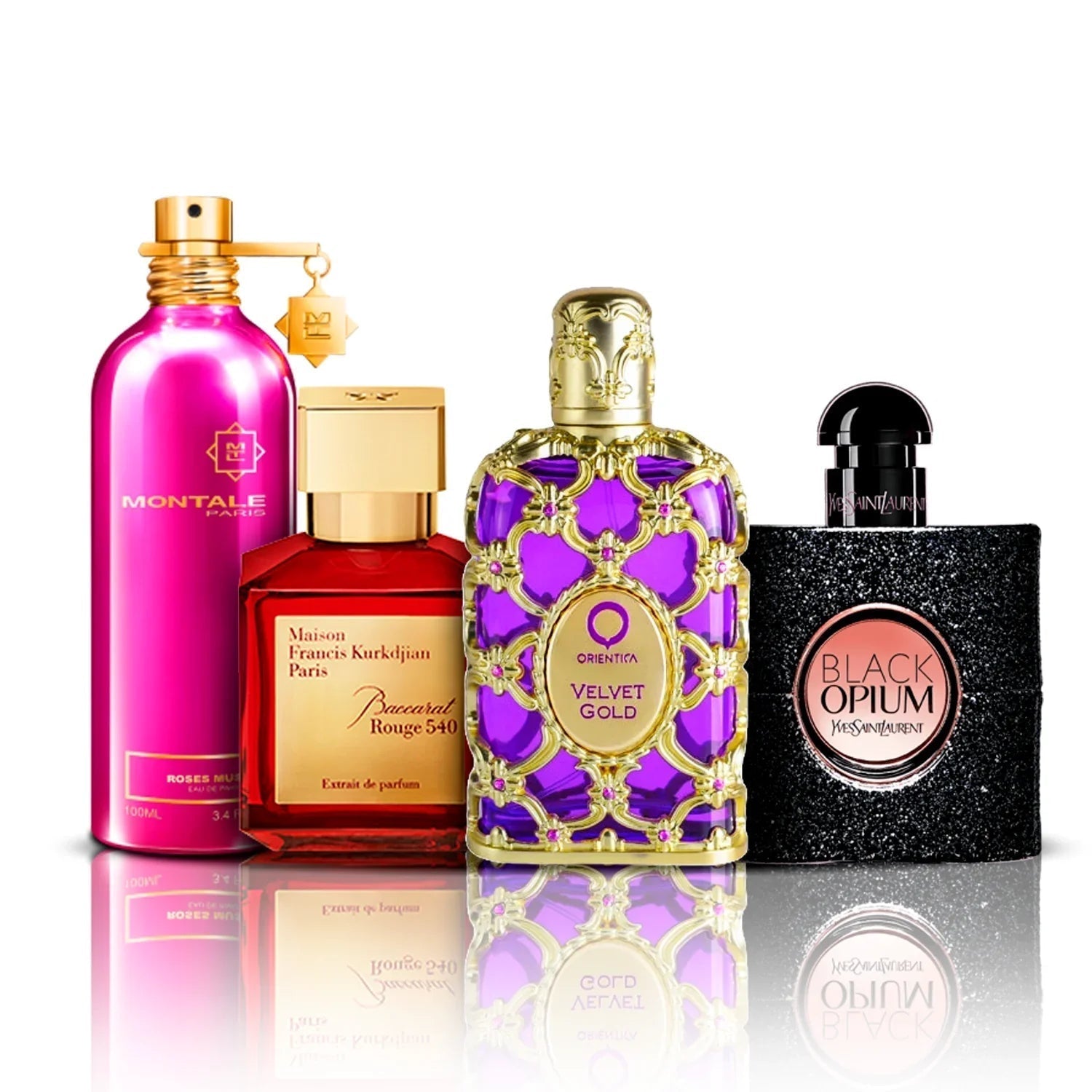 Combo de 4 perfumes | Velvet Gold + Baccarat Rouge 540 + Black Opium + Roses Musk